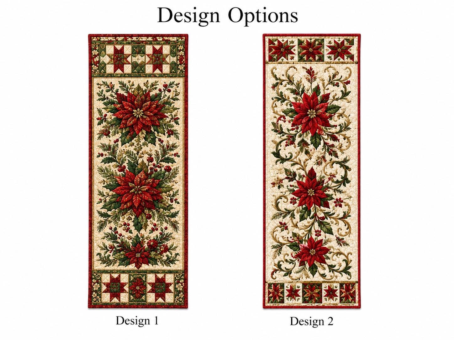 Christmas Poinsettia Table Runner with Quilt Style Holiday Floral and Red Green Print for Farmhouse Winter Dining Decor - photo 2