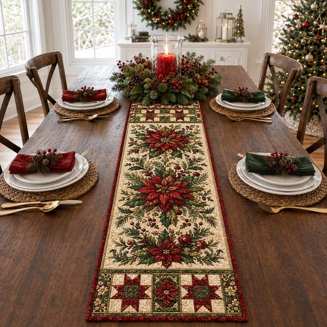 Christmas Poinsettia Table Runner with Quilt Style Holiday Floral and Red Green Print for Farmhouse Winter Dining Decor - photo 4