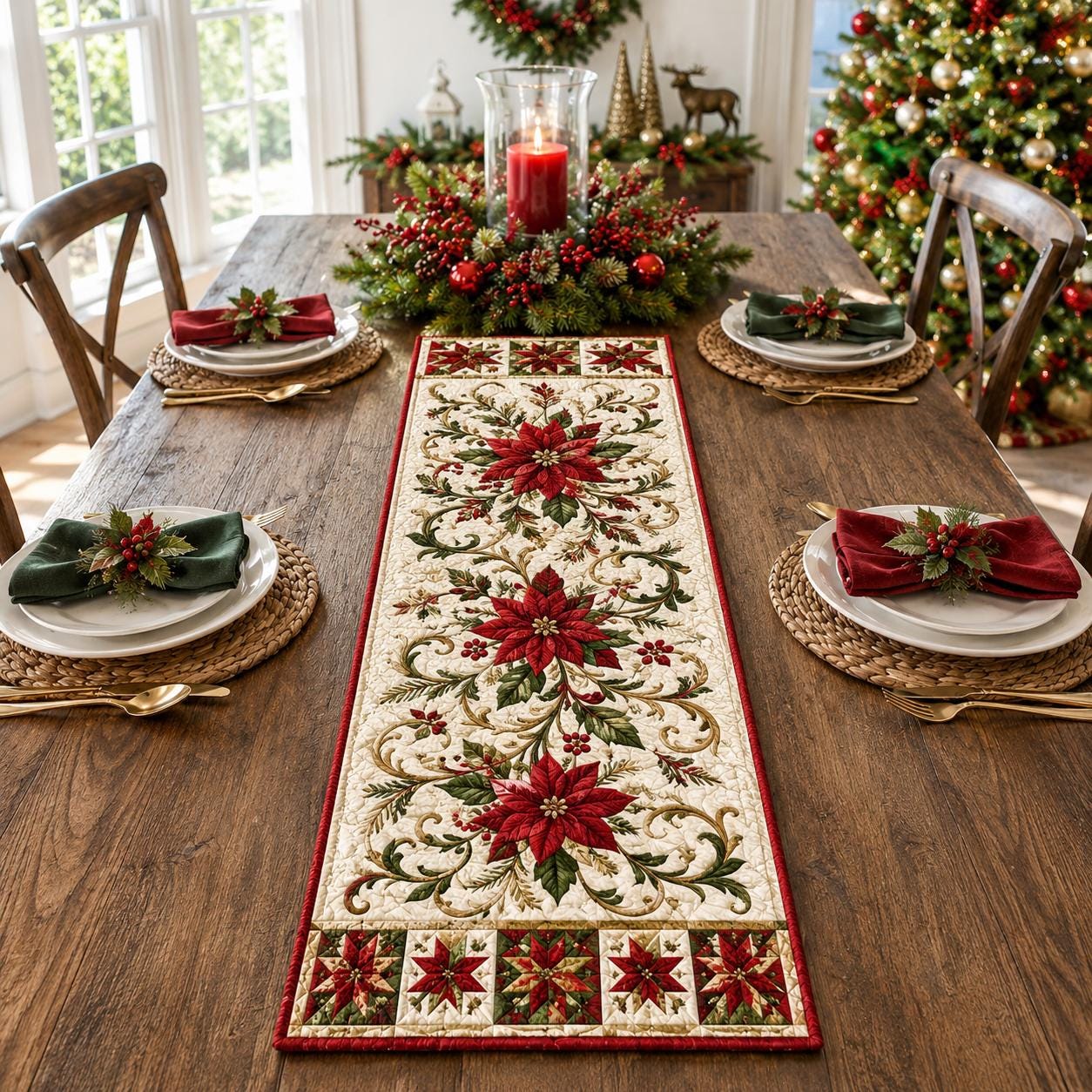 Christmas Poinsettia Table Runner with Quilt Style Holiday Floral and Red Green Print for Farmhouse Winter Dining Decor - photo 5