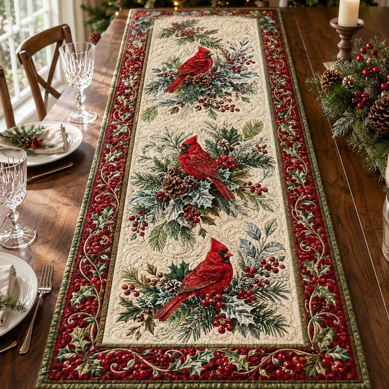 Christmas Cardinal Table Runner with Quilt Style Red Bird and Snowflake Holly for Farmhouse Winter Holiday Decor