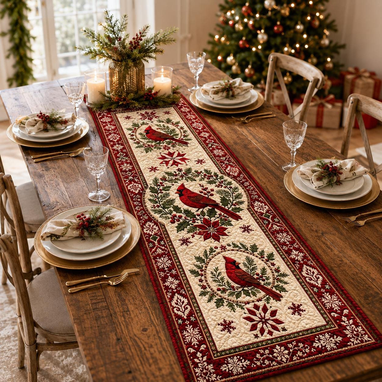 Christmas Cardinal Table Runner with Quilt Style Red Bird and Snowflake Holly for Farmhouse Winter Holiday Decor - photo 4