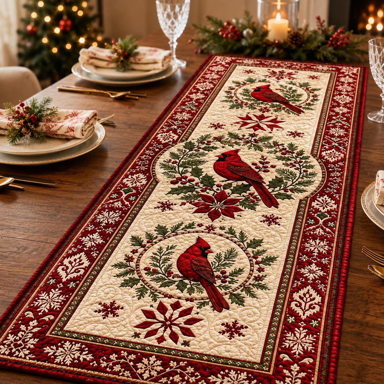 Christmas Cardinal Table Runner with Quilt Style Red Bird and Snowflake Holly for Farmhouse Winter Holiday Decor - photo 5