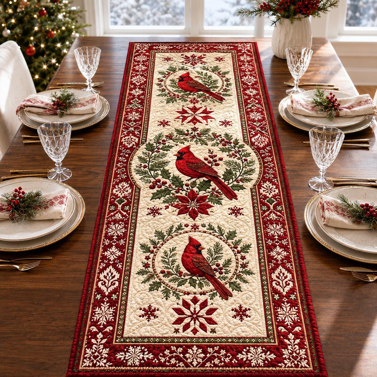 Christmas Cardinal Table Runner with Quilt Style Red Bird and Snowflake Holly for Farmhouse Winter Holiday Decor - photo 6