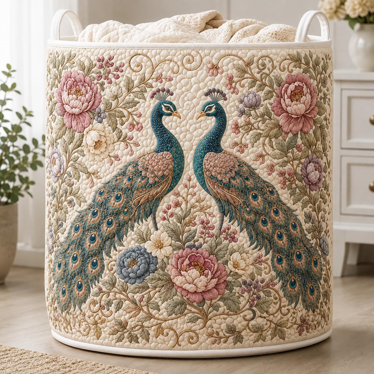 Laundry Hamper – Quilt Style Romantic Floral Storage Basket with Two Peacock Clothes Bin for Vintage Cottagecore Room Decor