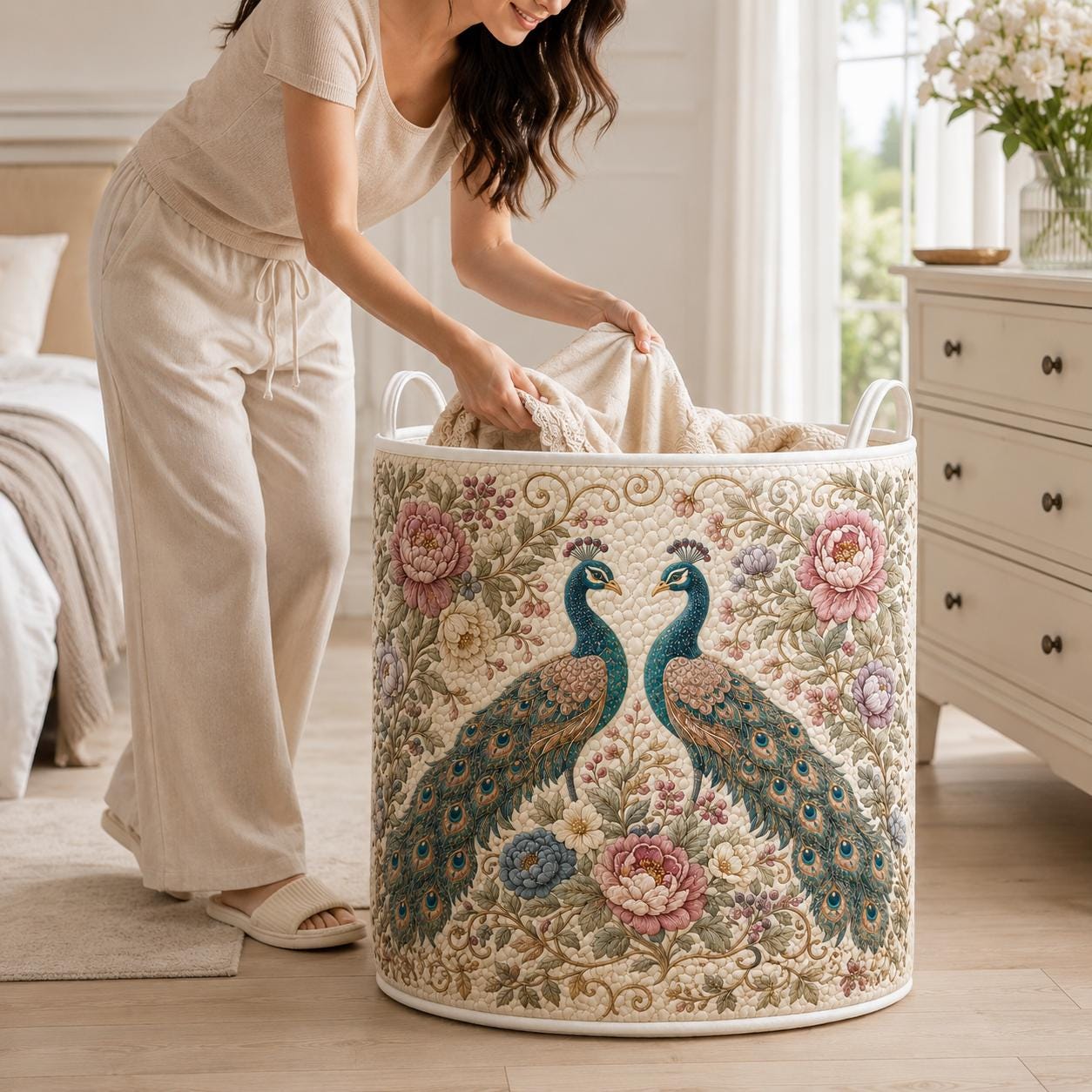 Laundry Hamper – Quilt Style Romantic Floral Storage Basket with Two Peacock Clothes Bin for Vintage Cottagecore Room Decor - photo 3
