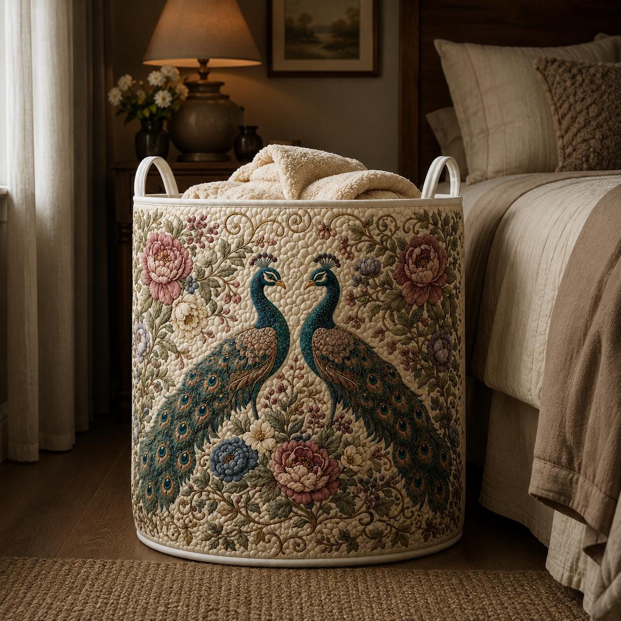 Laundry Hamper – Quilt Style Romantic Floral Storage Basket with Two Peacock Clothes Bin for Vintage Cottagecore Room Decor - photo 4