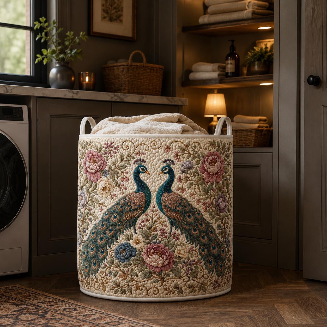Laundry Hamper – Quilt Style Romantic Floral Storage Basket with Two Peacock Clothes Bin for Vintage Cottagecore Room Decor - photo 5