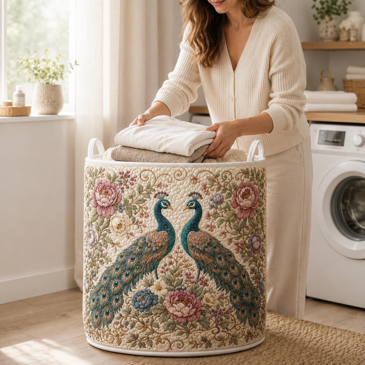 Laundry Hamper – Quilt Style Romantic Floral Storage Basket with Two Peacock Clothes Bin for Vintage Cottagecore Room Decor - photo 6