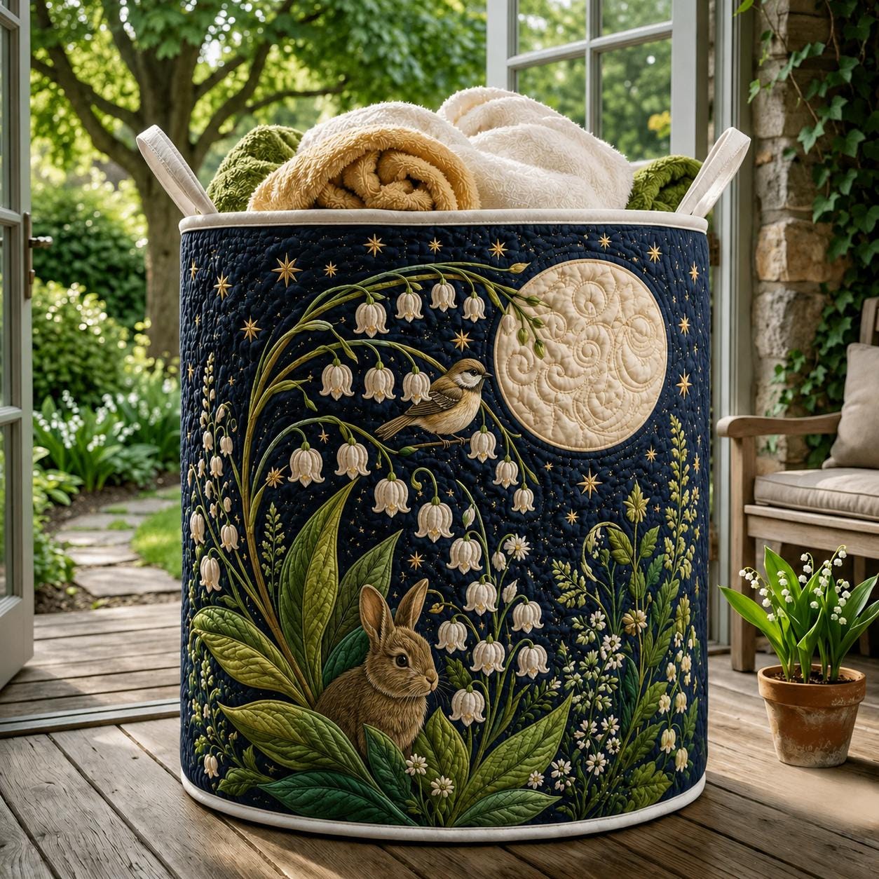 Laundry Hamper – Quilt Style Lily Garden Storage Basket and Rabbit Lily of the Valley Clothes Bin for Cottagecore Woodland Home Decor