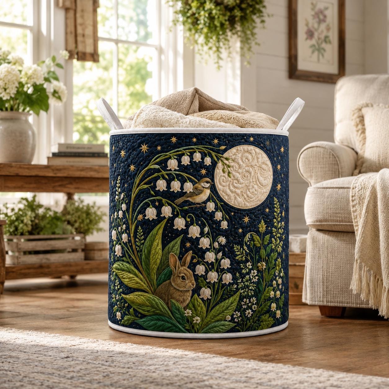 Laundry Hamper – Quilt Style Lily Garden Storage Basket and Rabbit Lily of the Valley Clothes Bin for Cottagecore Woodland Home Decor - photo 3