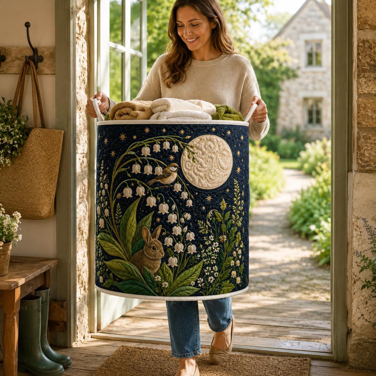 Laundry Hamper – Quilt Style Lily Garden Storage Basket and Rabbit Lily of the Valley Clothes Bin for Cottagecore Woodland Home Decor - photo 4