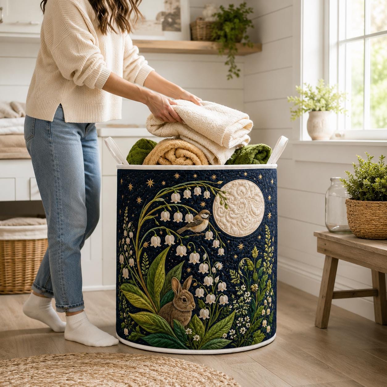 Laundry Hamper – Quilt Style Lily Garden Storage Basket and Rabbit Lily of the Valley Clothes Bin for Cottagecore Woodland Home Decor - photo 5
