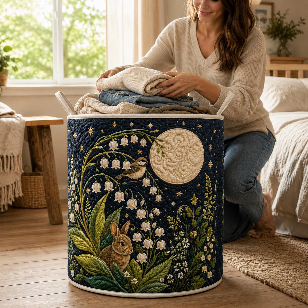 Laundry Hamper – Quilt Style Lily Garden Storage Basket and Rabbit Lily of the Valley Clothes Bin for Cottagecore Woodland Home Decor - photo 6
