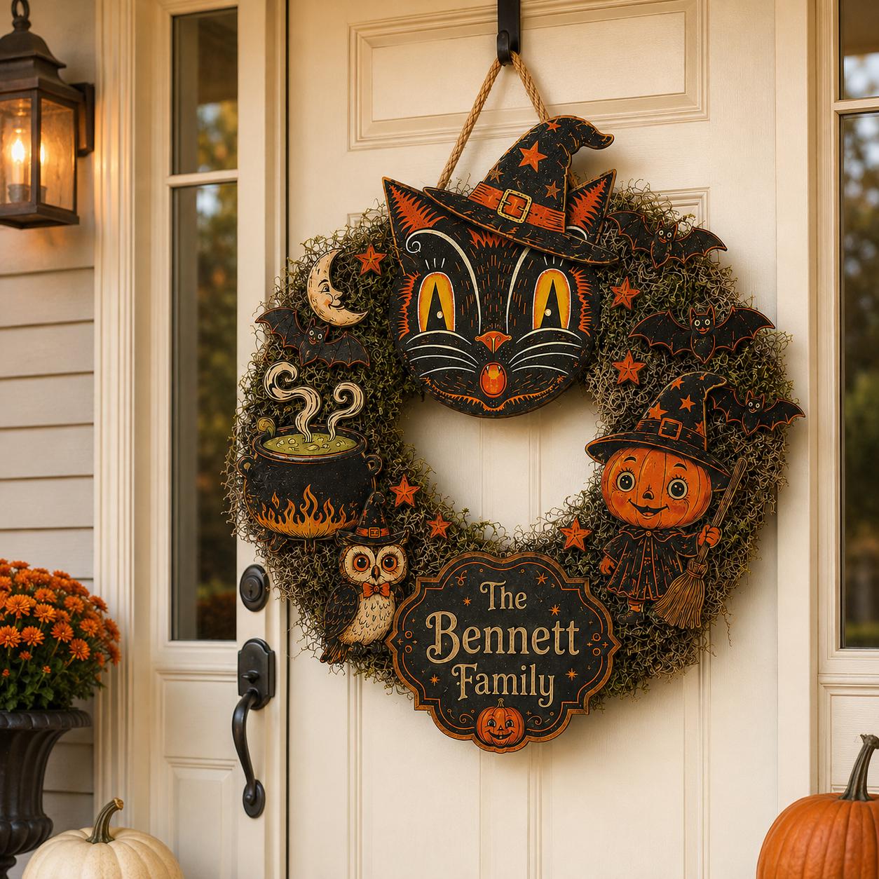 Personalized Halloween Family Wooden Front Door Hanger with Custom Name, Spooky Pumpkin and Black Cat Porch Sign Decor