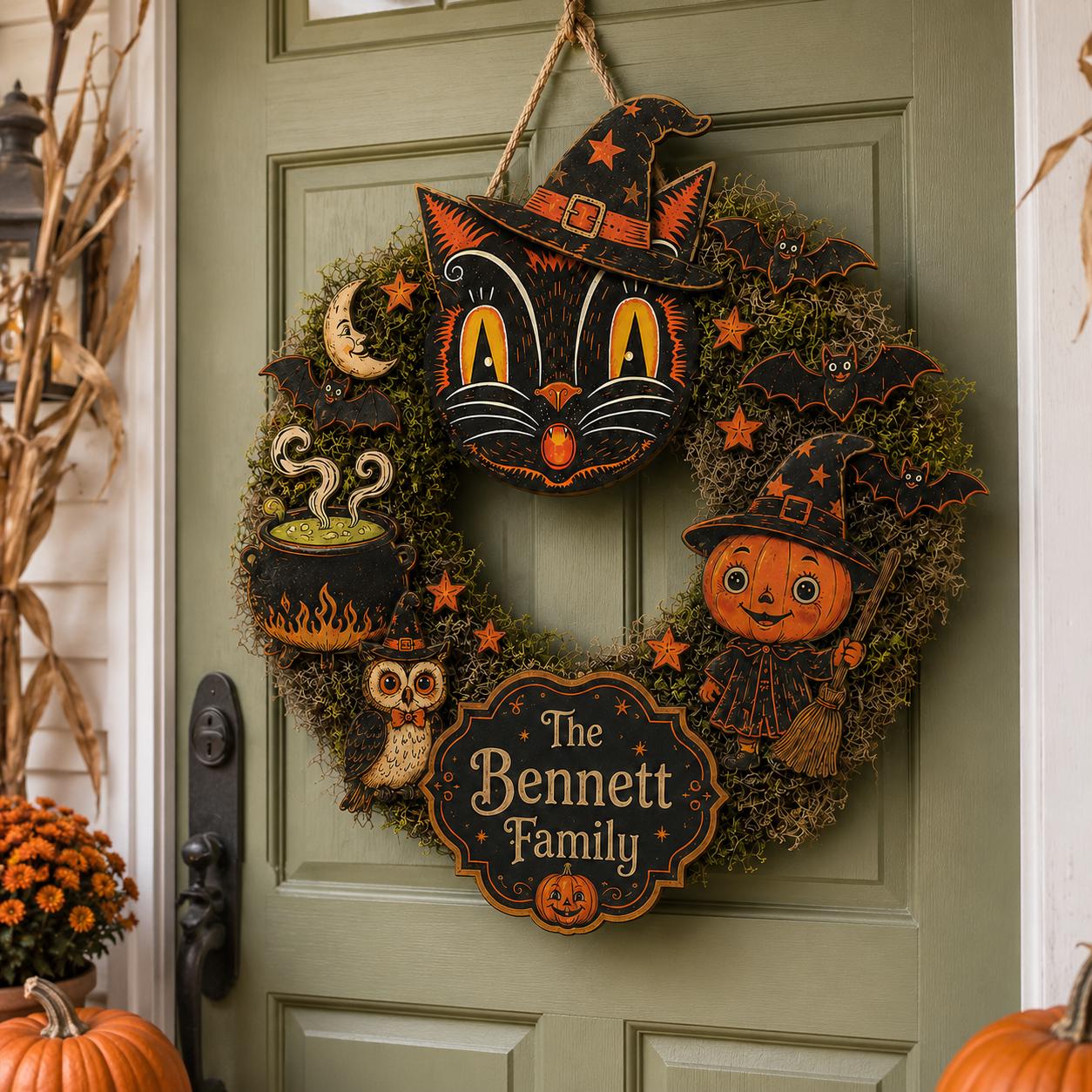 Personalized Halloween Family Wooden Front Door Hanger with Custom Name, Spooky Pumpkin and Black Cat Porch Sign Decor - photo 2