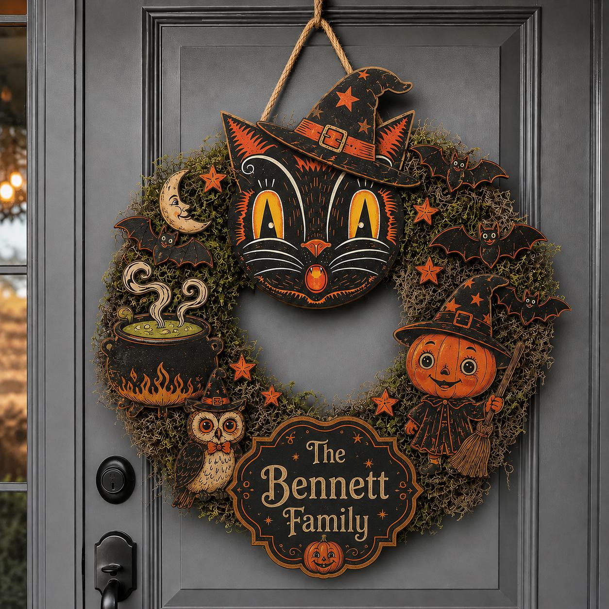 Personalized Halloween Family Wooden Front Door Hanger with Custom Name, Spooky Pumpkin and Black Cat Porch Sign Decor - photo 3