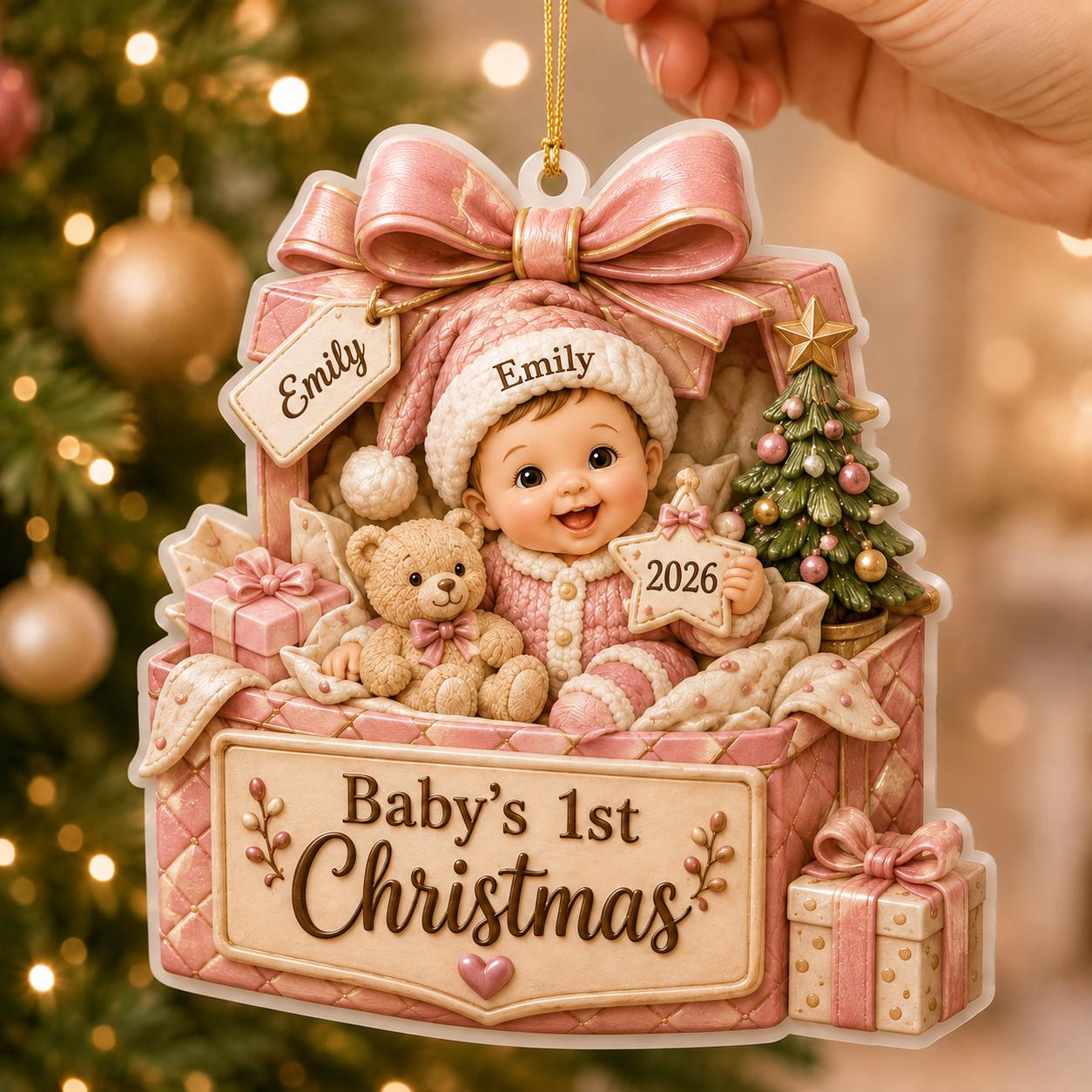 Personalized 3D Pink Gift Box Baby's First Christmas 2026 Ornament with Custom Baby Name, Newborn Keepsake Gift - photo 2