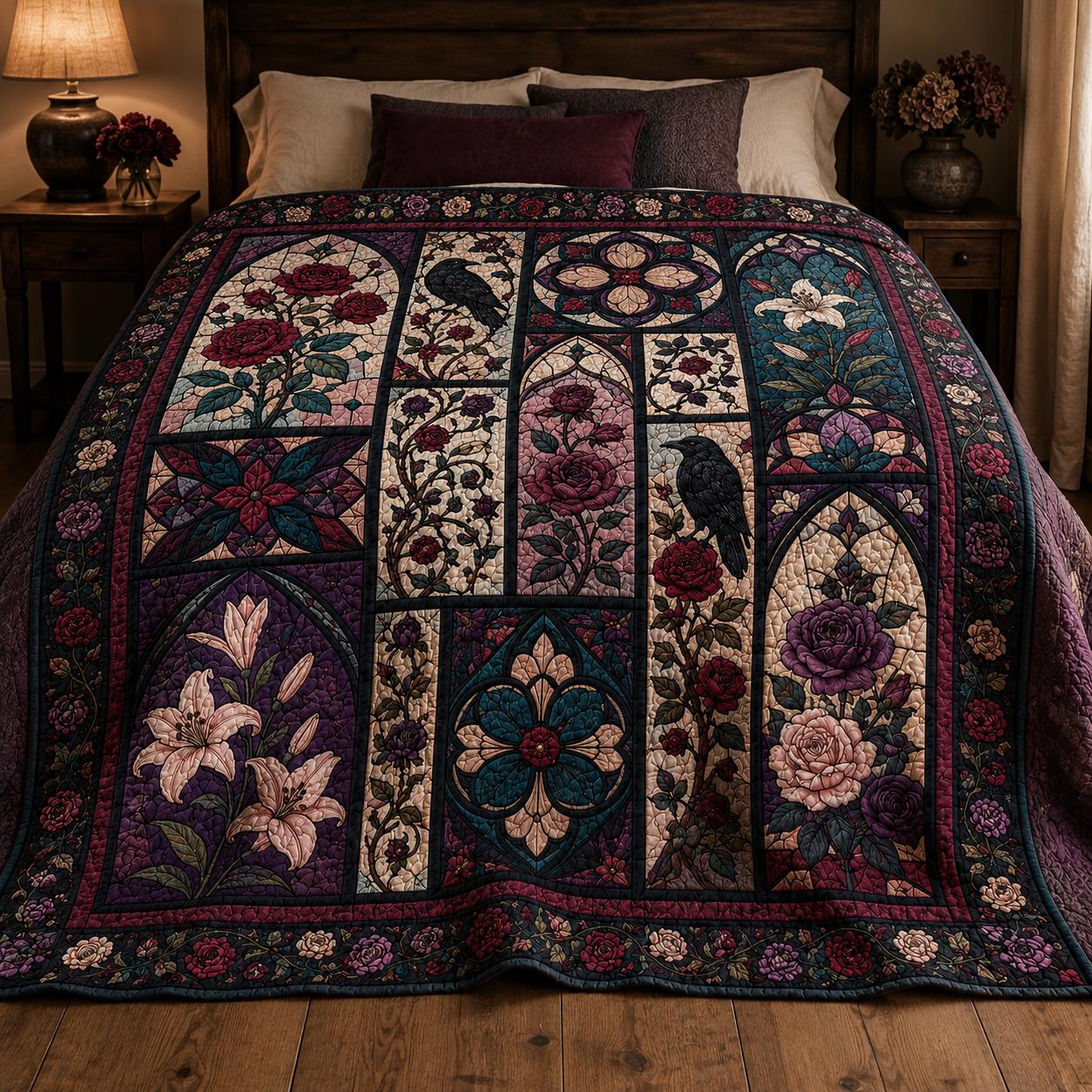 Quilted Style Raven Stained Glass Gothic Rose Throw Blanket, Dark Floral Bedroom Decor and Victorian Gothic Gift
