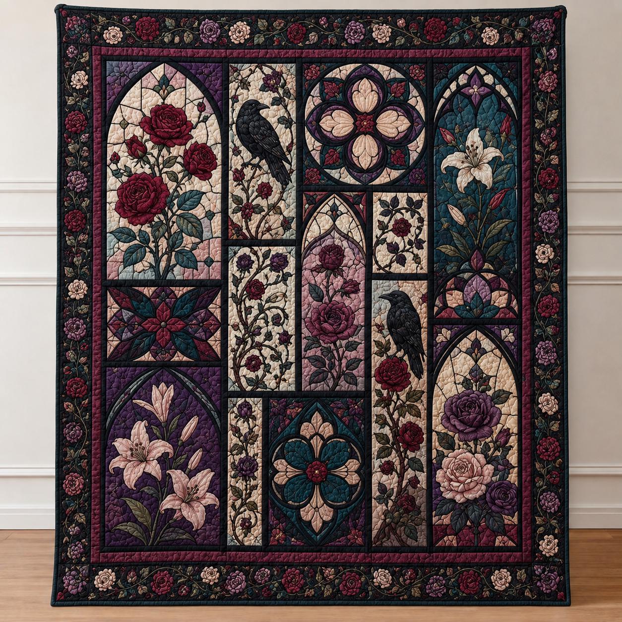 Quilted Style Raven Stained Glass Gothic Rose Throw Blanket, Dark Floral Bedroom Decor and Victorian Gothic Gift - photo 2