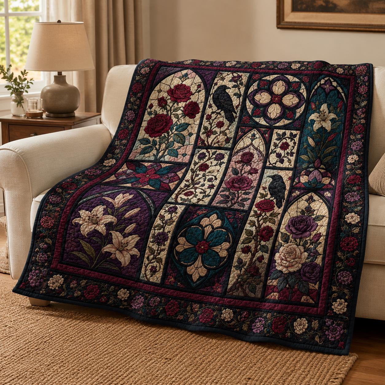 Quilted Style Raven Stained Glass Gothic Rose Throw Blanket, Dark Floral Bedroom Decor and Victorian Gothic Gift - photo 3