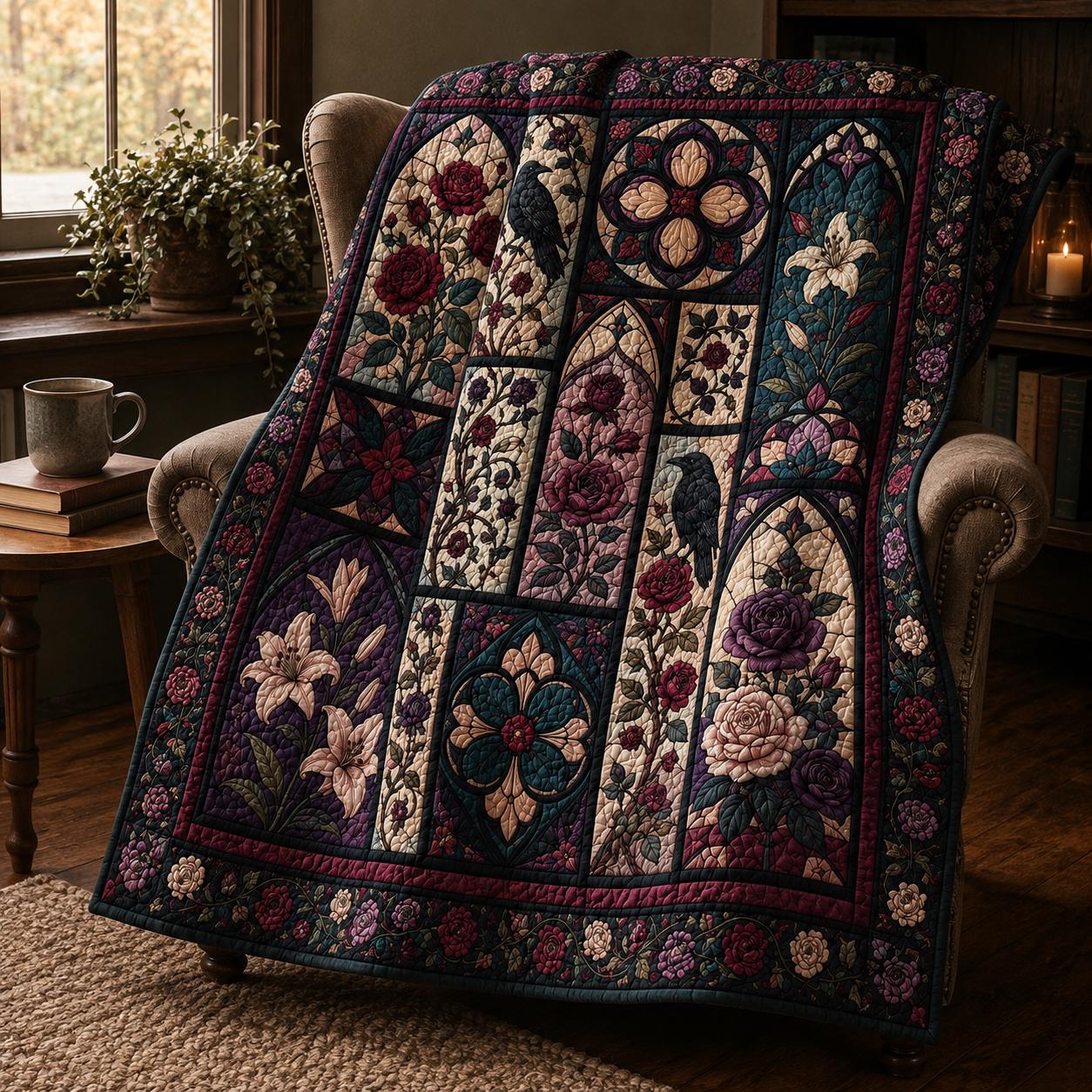 Quilted Style Raven Stained Glass Gothic Rose Throw Blanket, Dark Floral Bedroom Decor and Victorian Gothic Gift - photo 6