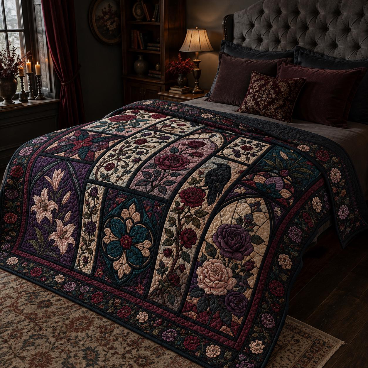 Quilted Style Raven Stained Glass Gothic Rose Throw Blanket, Dark Floral Bedroom Decor and Victorian Gothic Gift - photo 7