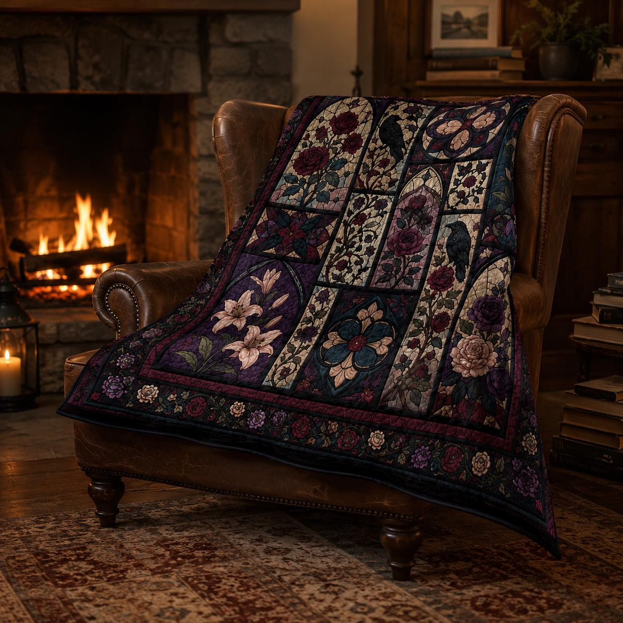 Quilted Style Raven Stained Glass Gothic Rose Throw Blanket, Dark Floral Bedroom Decor and Victorian Gothic Gift - photo 8