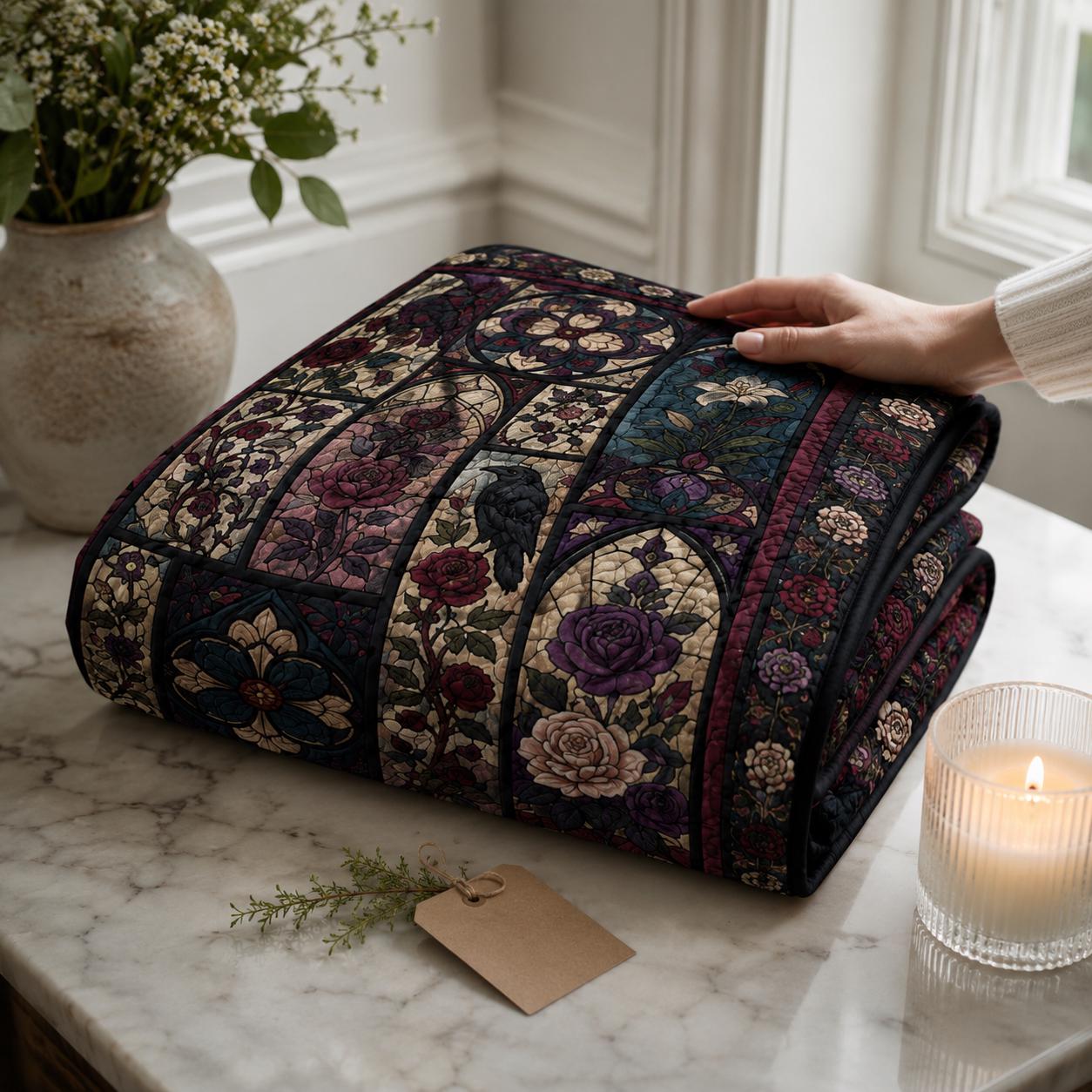 Quilted Style Raven Stained Glass Gothic Rose Throw Blanket, Dark Floral Bedroom Decor and Victorian Gothic Gift - photo 9