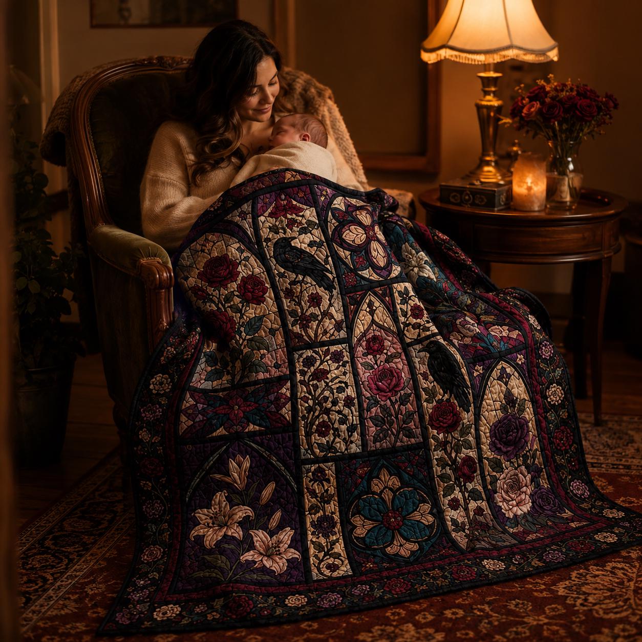 Quilted Style Raven Stained Glass Gothic Rose Throw Blanket, Dark Floral Bedroom Decor and Victorian Gothic Gift - photo 10
