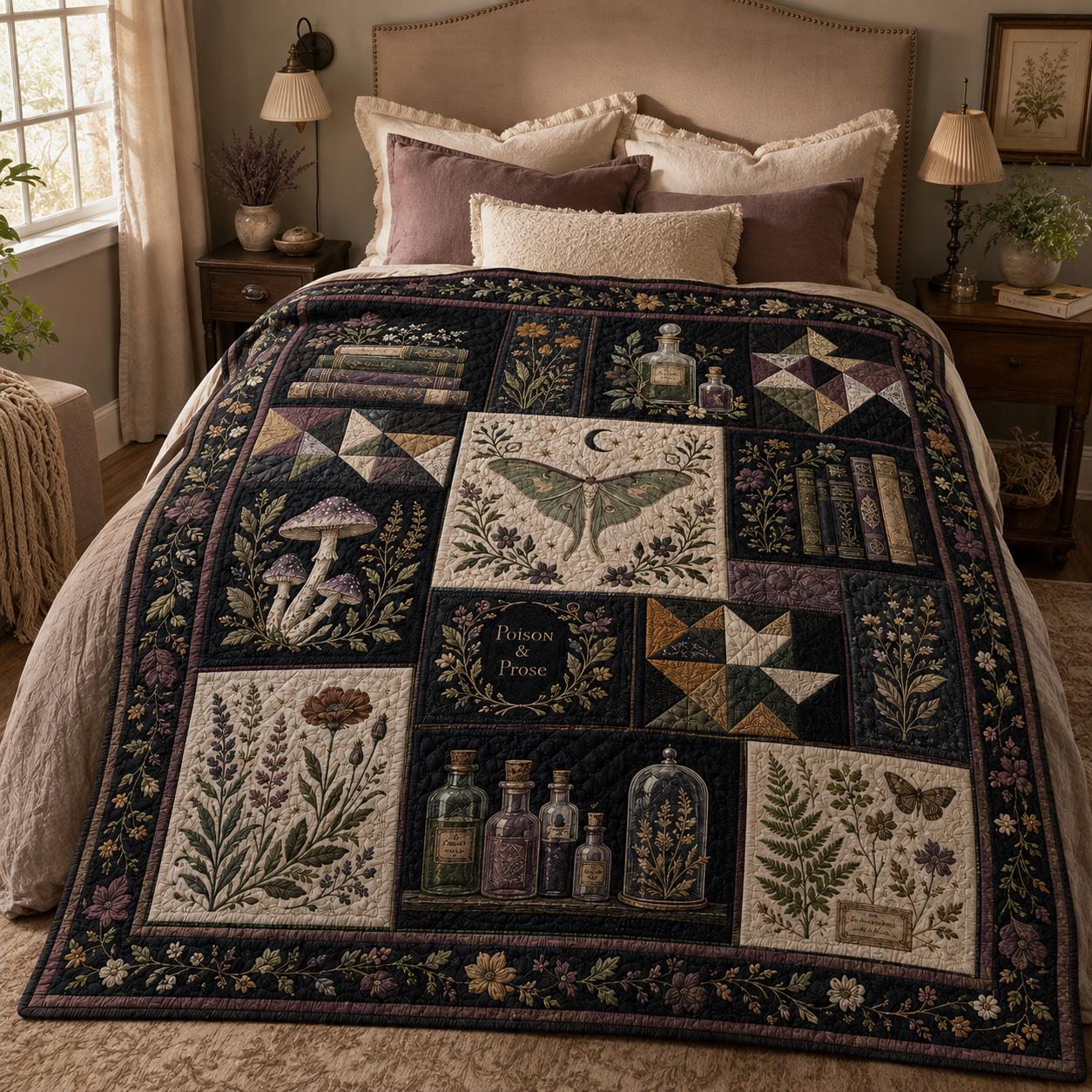 Quilted Style Witchy Botanical Throw Blanket with Moth and Mushroom, Dark Academia Bedroom Decor and Gothic Nature Gift