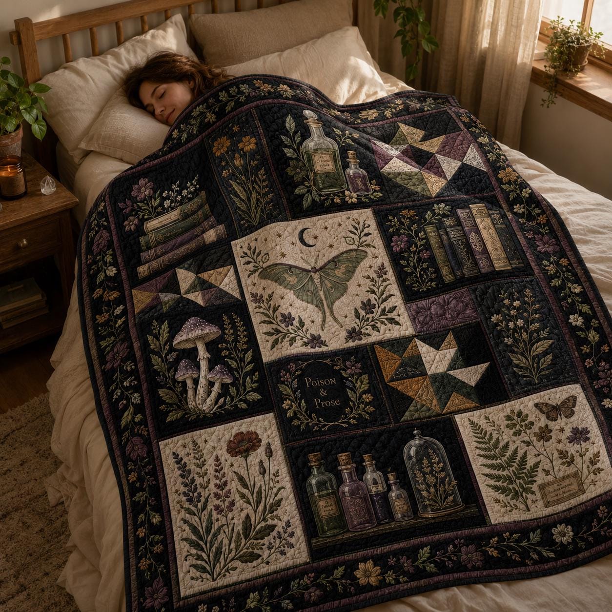 Quilted Style Witchy Botanical Throw Blanket with Moth and Mushroom, Dark Academia Bedroom Decor and Gothic Nature Gift - photo 2