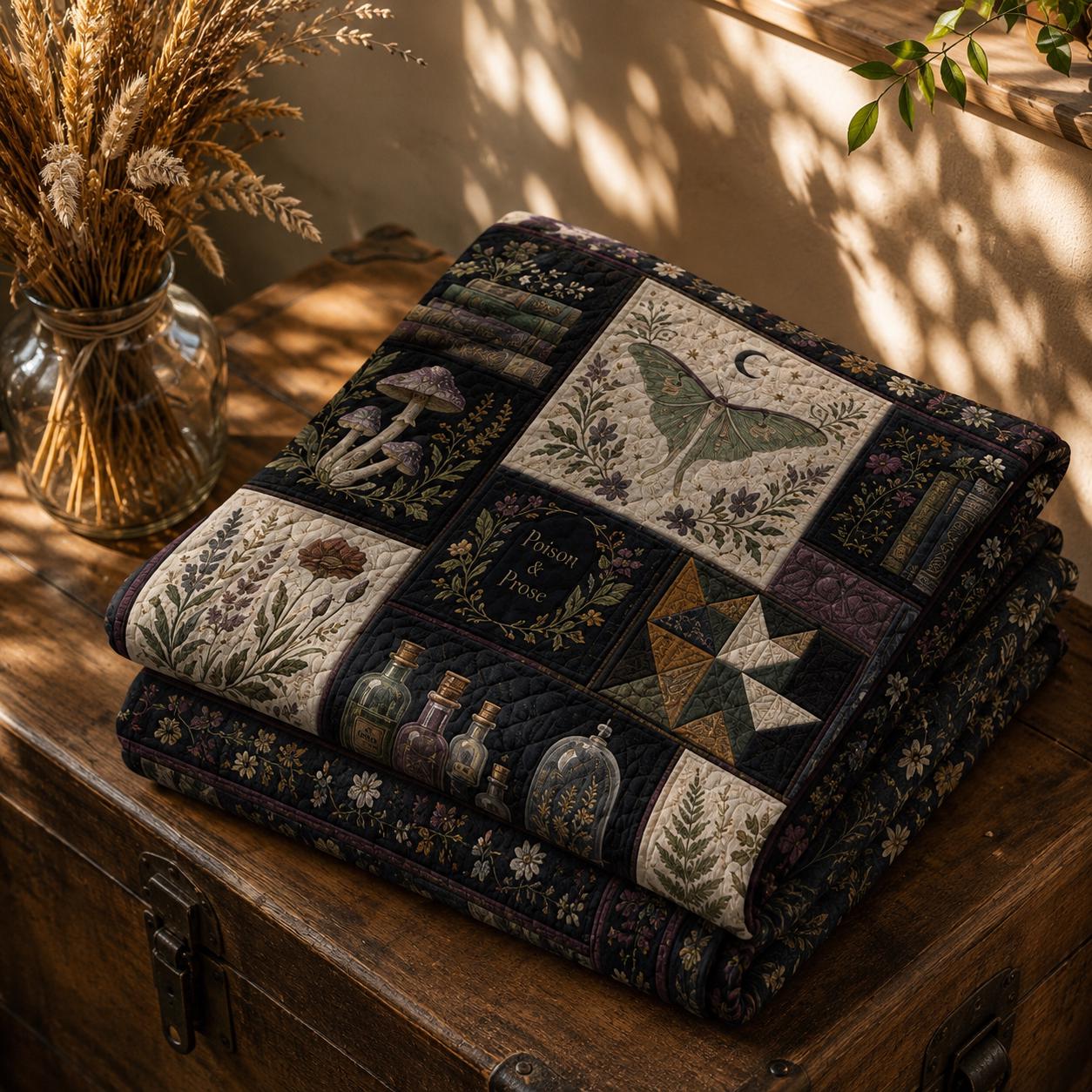 Quilted Style Witchy Botanical Throw Blanket with Moth and Mushroom, Dark Academia Bedroom Decor and Gothic Nature Gift - photo 5