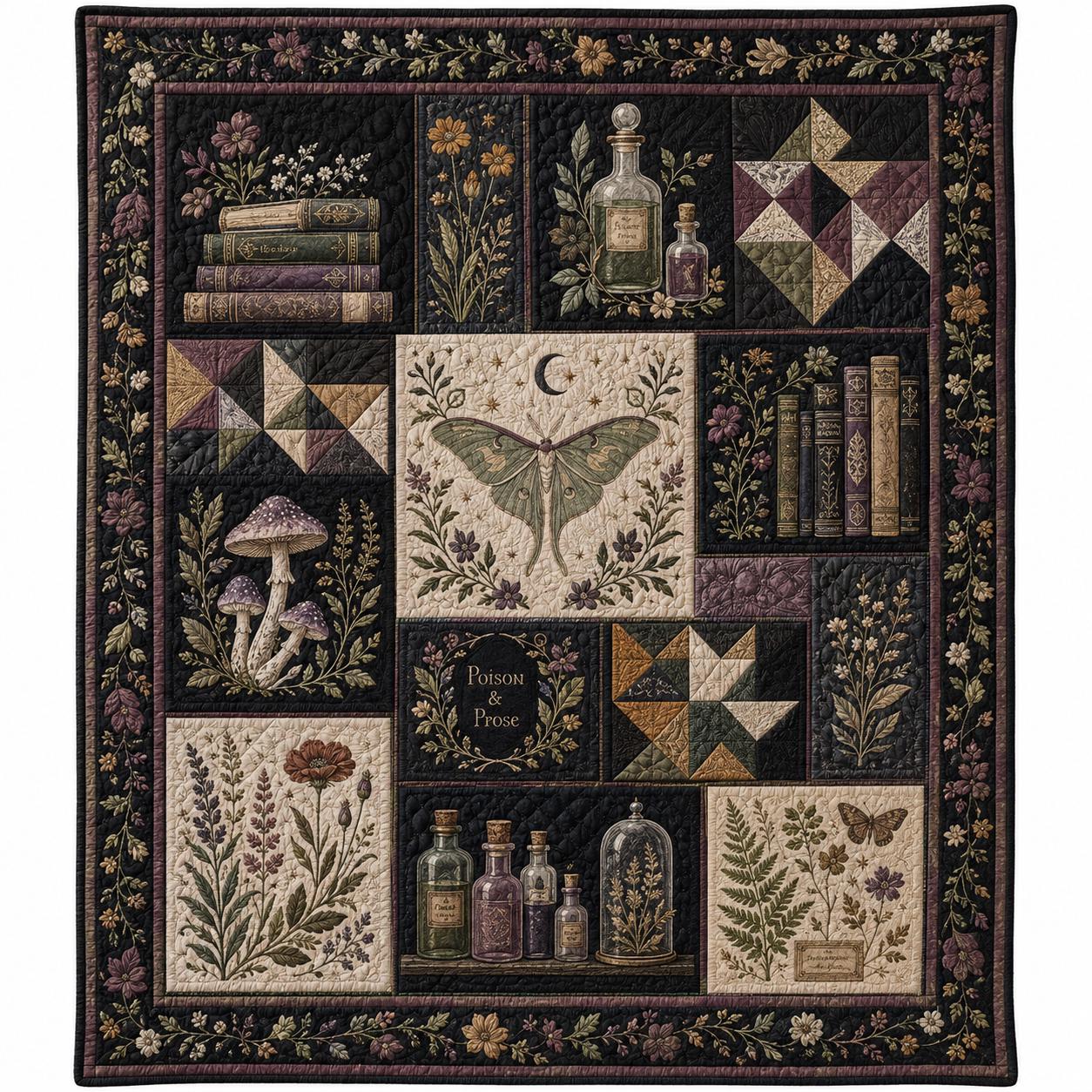 Quilted Style Witchy Botanical Throw Blanket with Moth and Mushroom, Dark Academia Bedroom Decor and Gothic Nature Gift - photo 6