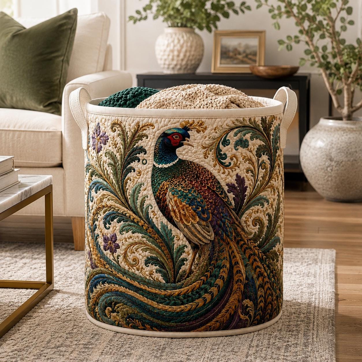 Pheasant Laundry Basket with Quilt Style Floral Storage Hamper and Bird Clothes Bin for Elegant Botanical Room Decor
