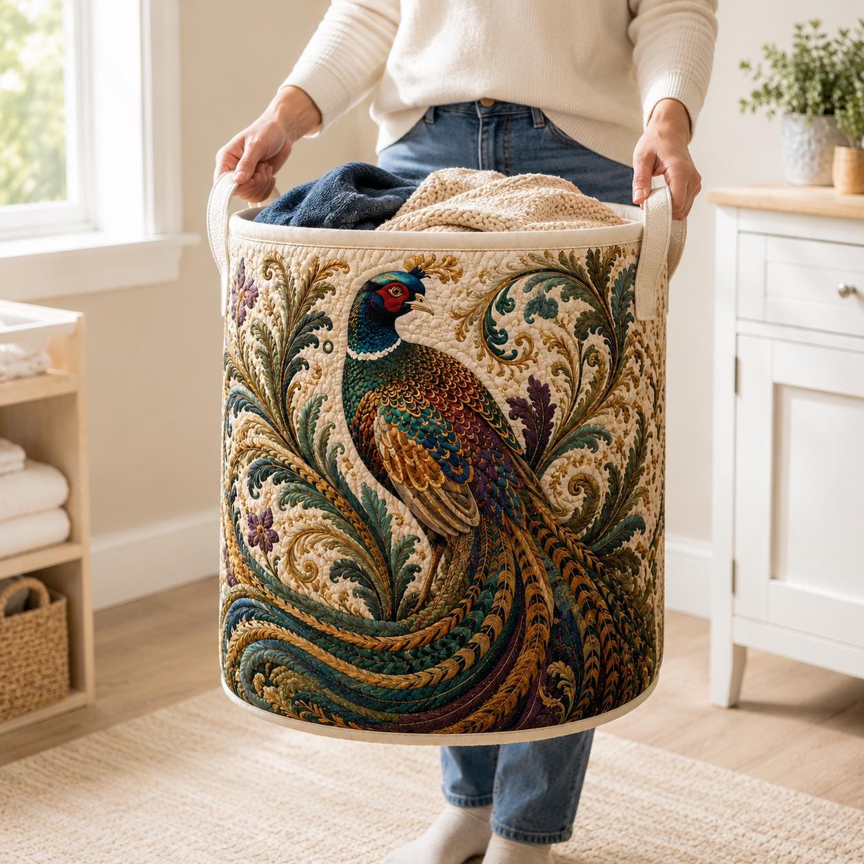 Pheasant Laundry Basket with Quilt Style Floral Storage Hamper and Bird Clothes Bin for Elegant Botanical Room Decor - photo 3