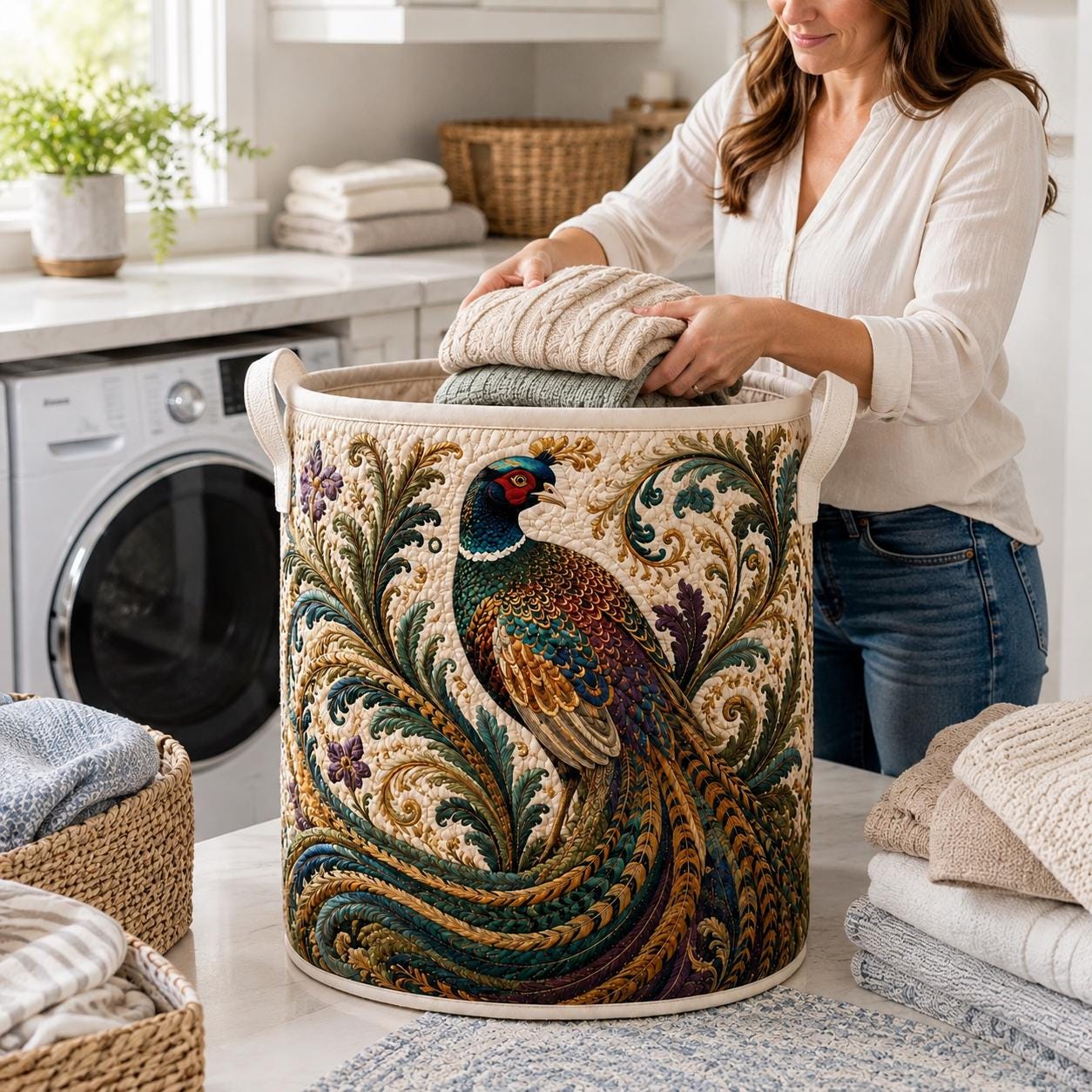 Pheasant Laundry Basket with Quilt Style Floral Storage Hamper and Bird Clothes Bin for Elegant Botanical Room Decor - photo 4