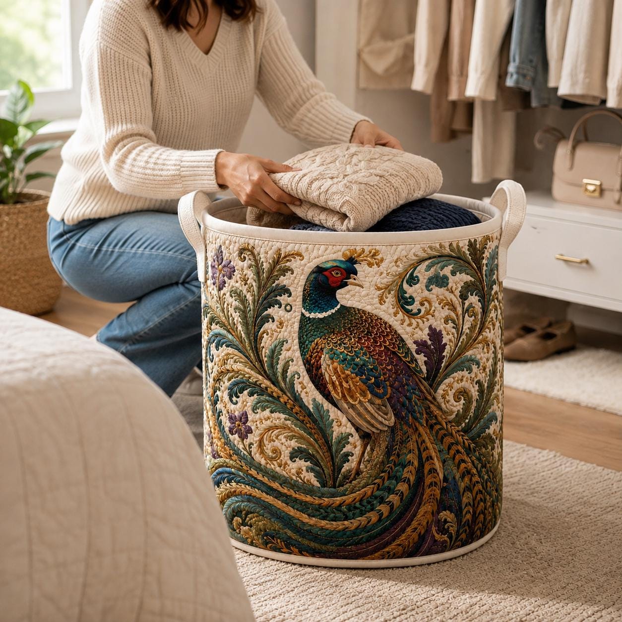 Pheasant Laundry Basket with Quilt Style Floral Storage Hamper and Bird Clothes Bin for Elegant Botanical Room Decor - photo 5