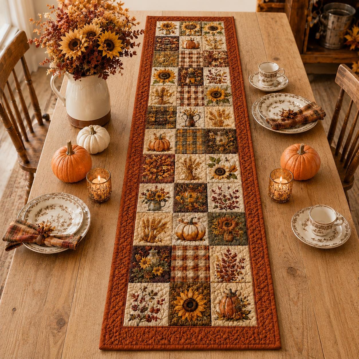 Fall Table Runner with Quilt Style Pumpkin Sunflower Patchwork for Autumn Harvest Farmhouse Thanksgiving Dining Decor