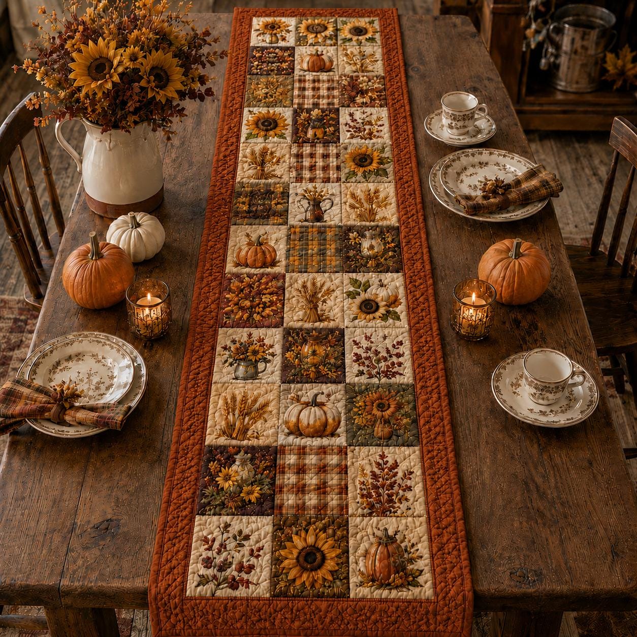 Fall Table Runner with Quilt Style Pumpkin Sunflower Patchwork for Autumn Harvest Farmhouse Thanksgiving Dining Decor - photo 3