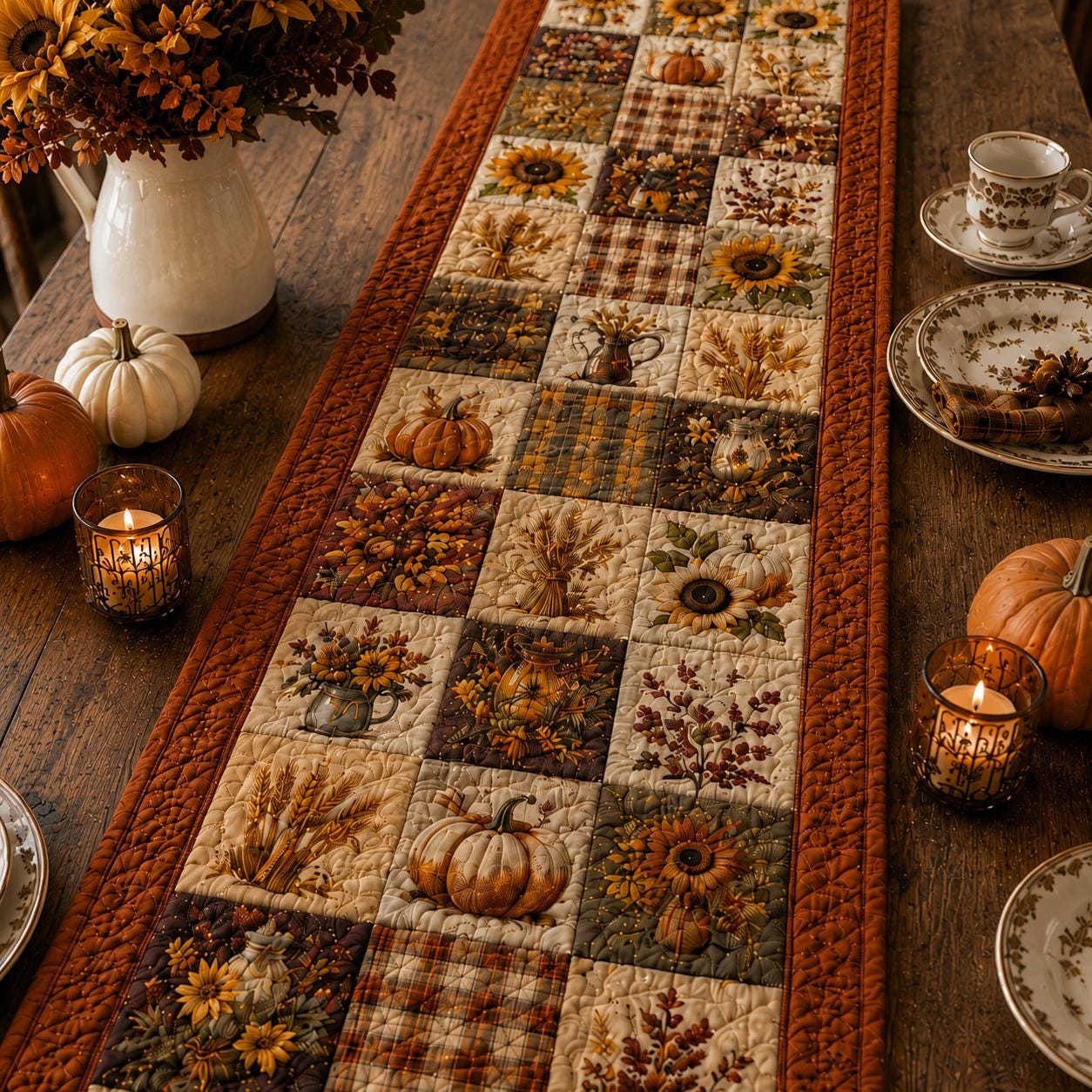 Fall Table Runner with Quilt Style Pumpkin Sunflower Patchwork for Autumn Harvest Farmhouse Thanksgiving Dining Decor - photo 4
