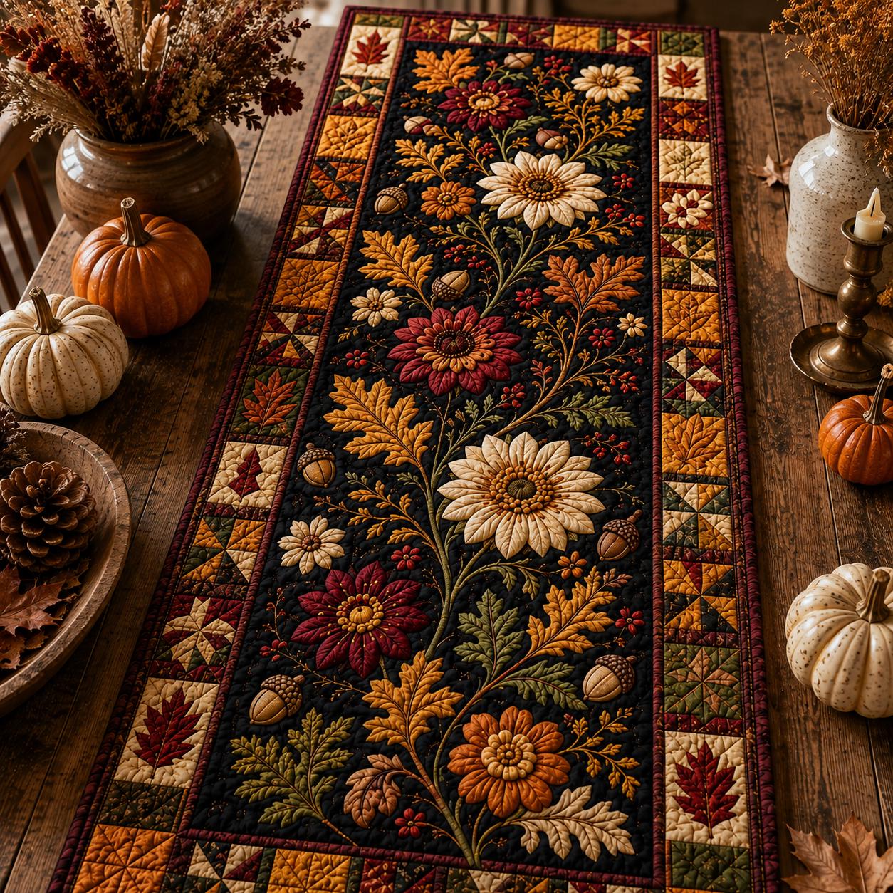 Quilt Style Autumn Floral Table Runner with Fall Acorn and Leaf, Dark Botanical Farmhouse Thanksgiving Harvest Centerpiece Decor