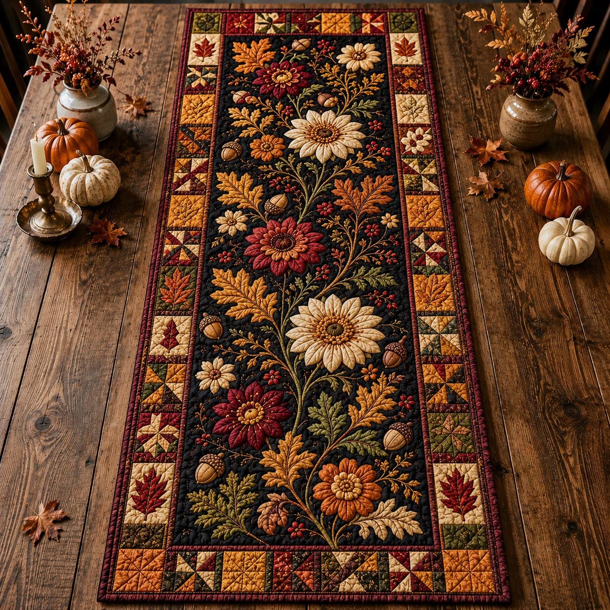 Quilt Style Autumn Floral Table Runner with Fall Acorn and Leaf, Dark Botanical Farmhouse Thanksgiving Harvest Centerpiece Decor - photo 2
