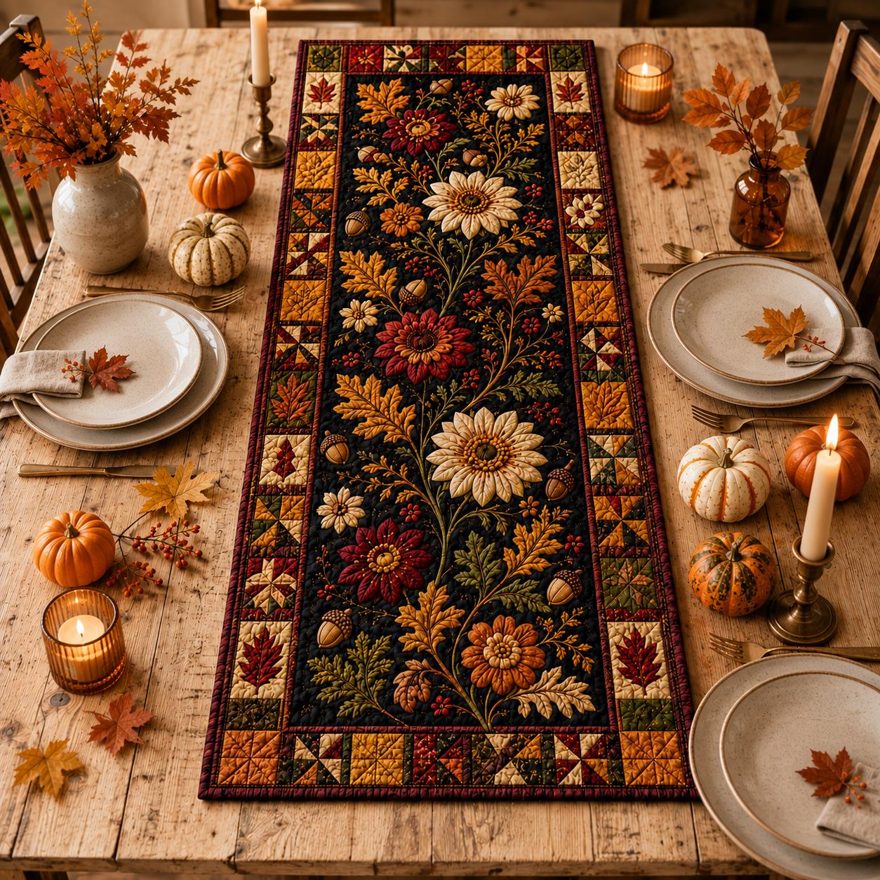 Quilt Style Autumn Floral Table Runner with Fall Acorn and Leaf, Dark Botanical Farmhouse Thanksgiving Harvest Centerpiece Decor - photo 4