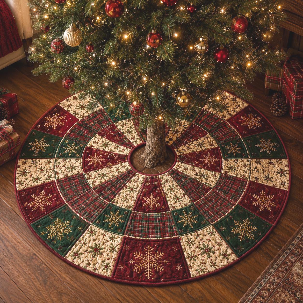 Quilt Style Plaid Snowflake Christmas Tree Skirt, Rustic Farmhouse Red Green Gold Winter Holiday Tree Mat and Xmas Decor