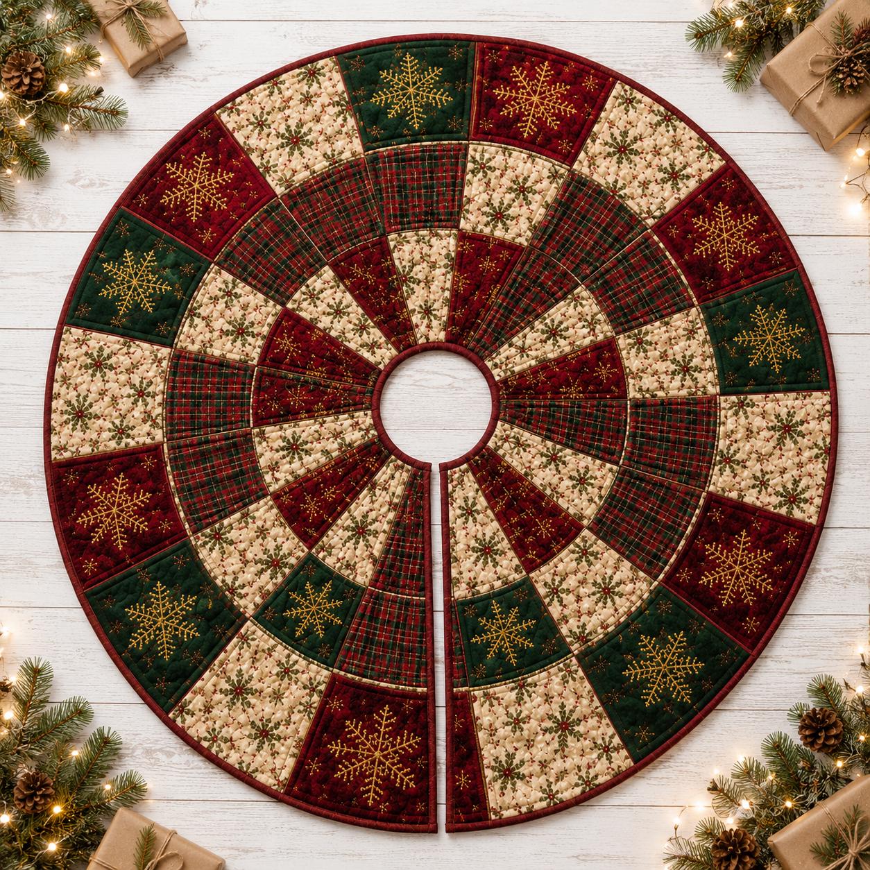 Quilt Style Plaid Snowflake Christmas Tree Skirt, Rustic Farmhouse Red Green Gold Winter Holiday Tree Mat and Xmas Decor - photo 2