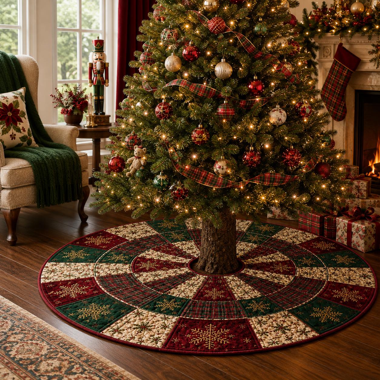 Quilt Style Plaid Snowflake Christmas Tree Skirt, Rustic Farmhouse Red Green Gold Winter Holiday Tree Mat and Xmas Decor - photo 3