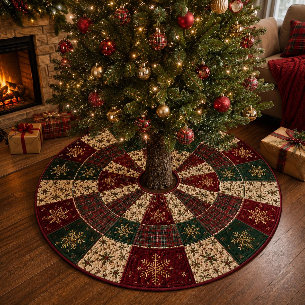 Quilt Style Plaid Snowflake Christmas Tree Skirt, Rustic Farmhouse Red Green Gold Winter Holiday Tree Mat and Xmas Decor - photo 4