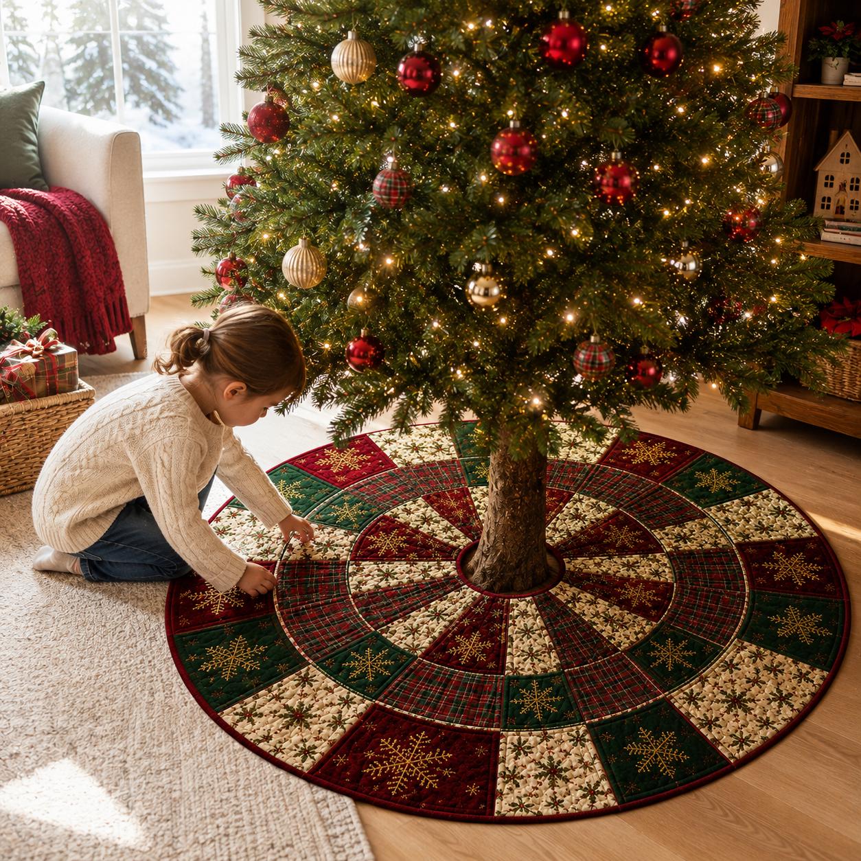 Quilt Style Plaid Snowflake Christmas Tree Skirt, Rustic Farmhouse Red Green Gold Winter Holiday Tree Mat and Xmas Decor - photo 5