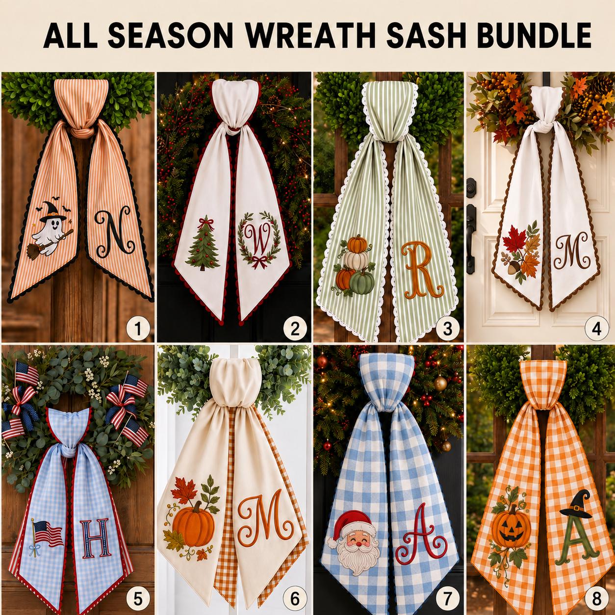 Personalized Monogram All Season Wreath Sash Bundle for Fall, Halloween and Christmas, Seasonal Holiday Door Bow Decor