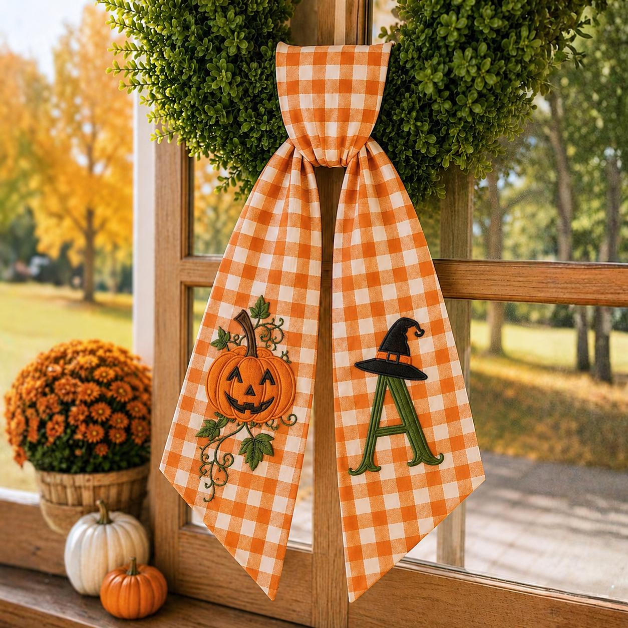 Personalized Monogram All Season Wreath Sash Bundle for Fall, Halloween and Christmas, Seasonal Holiday Door Bow Decor - photo 12